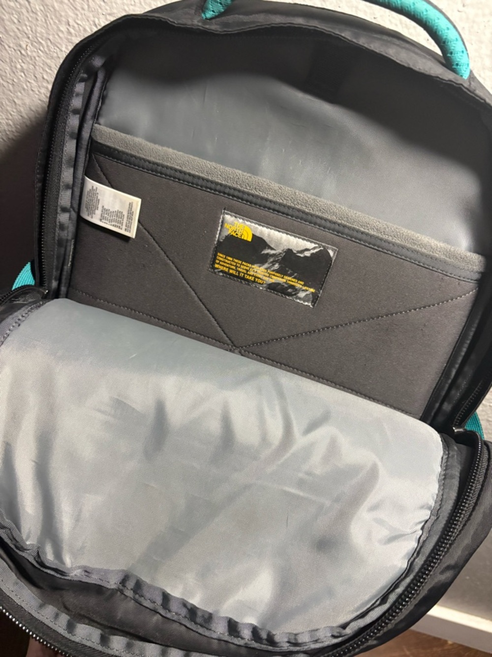 The North Face Black Backpack with Teal Logo and Lavender Bungee - Picture 4 of 6